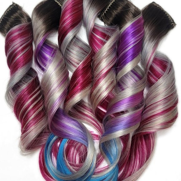 Double Drawn Clip in Remy Human Hair Extensions Brown Root Silver Purple Fuchsia
